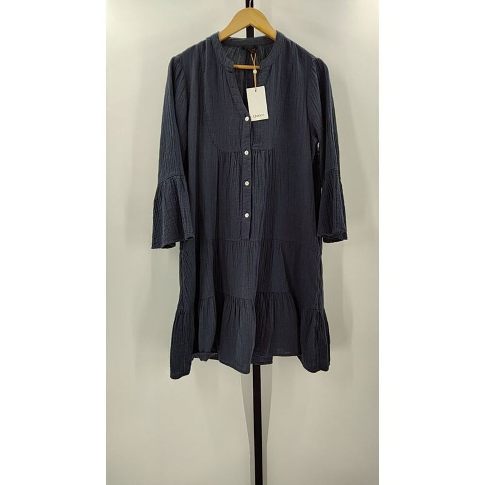 Quince 100% Organic Cotton Gauze Long Sleeve Tiered Mini Dress Indigo Blue S - Picture 2 of 4